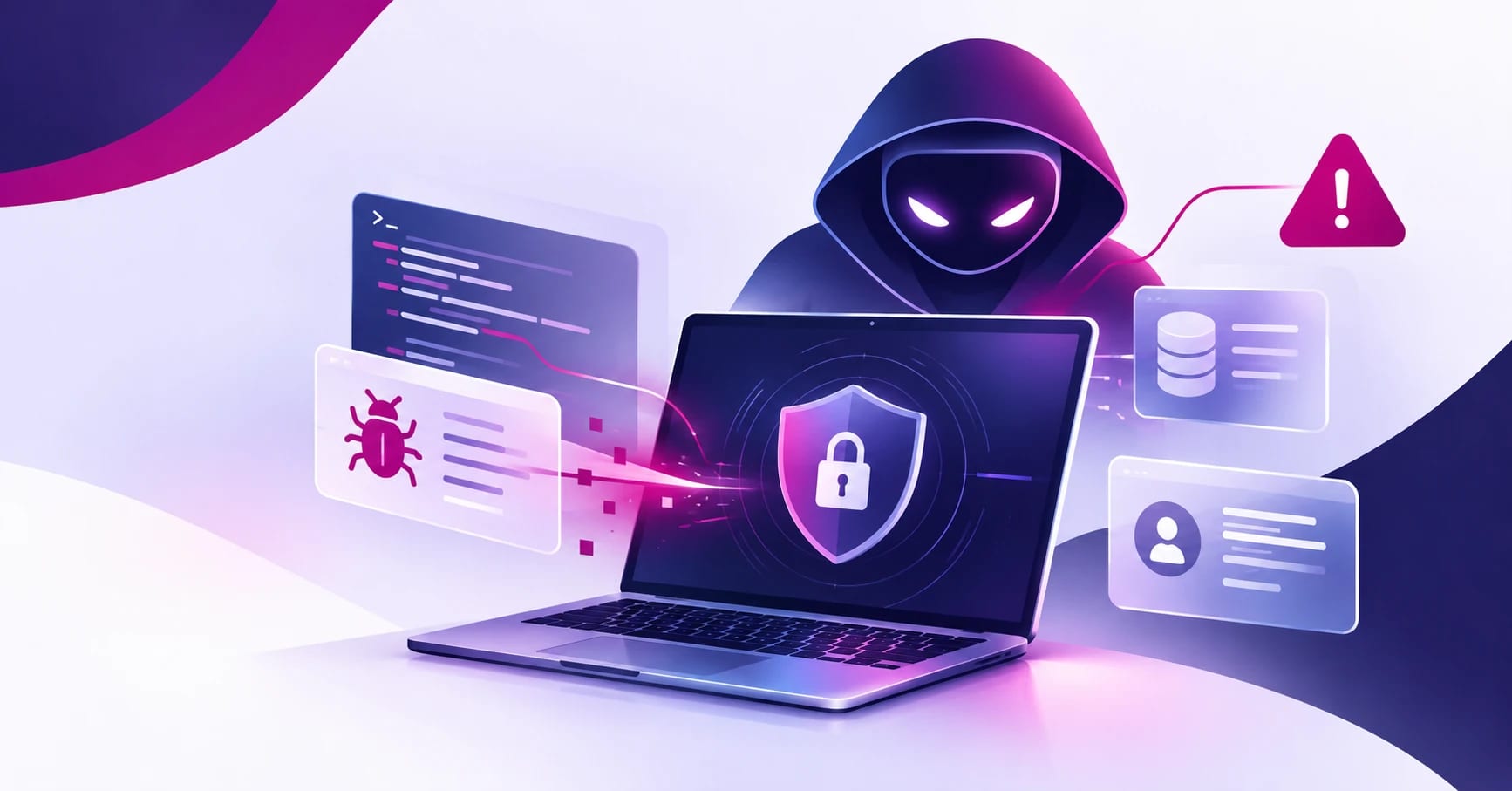Hooded hacker figure using AI tools to attack a laptop protected by a security shield, with code, database, and warning icons