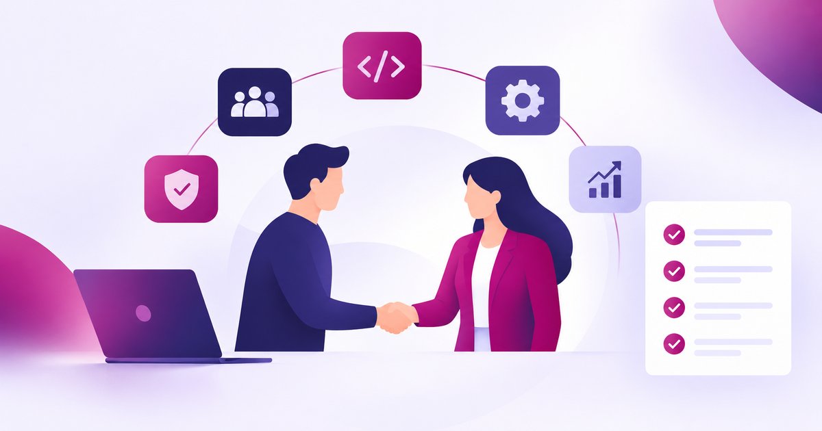 Illustration of a client and a software development partner shaking hands, with icons for security, team, code, process and growth above them and an evaluation checklist beside them