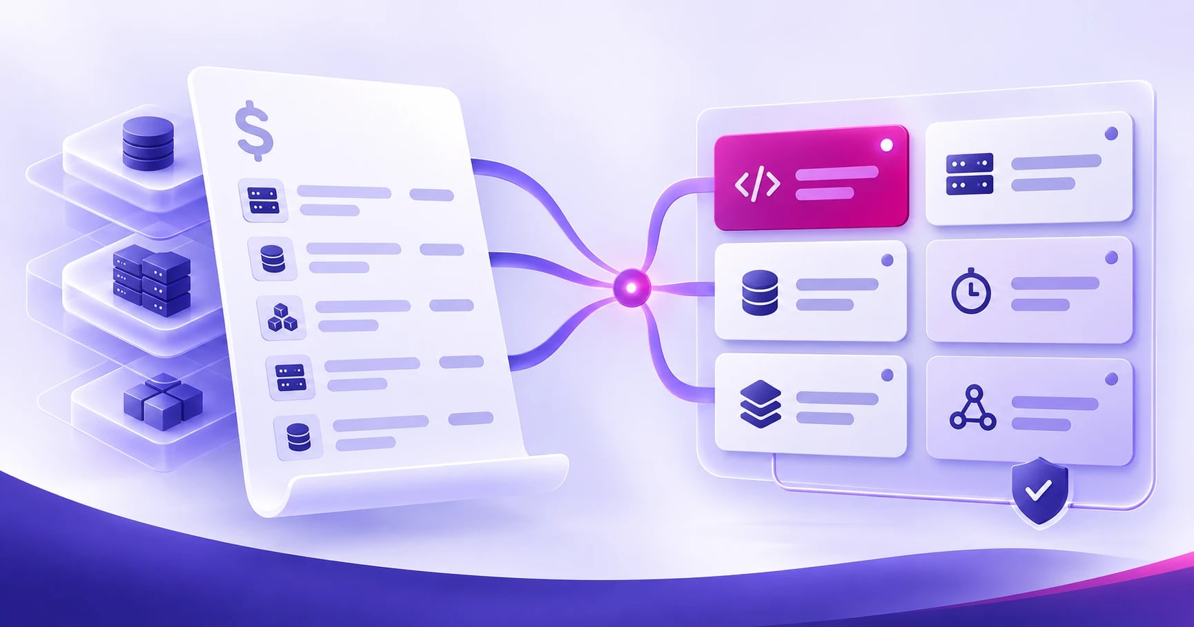Illustration of a cloud bill whose database, server and storage line items flow through a single node into a grid of engineering tickets, one highlighted for code changes, beside a shield with a checkmark