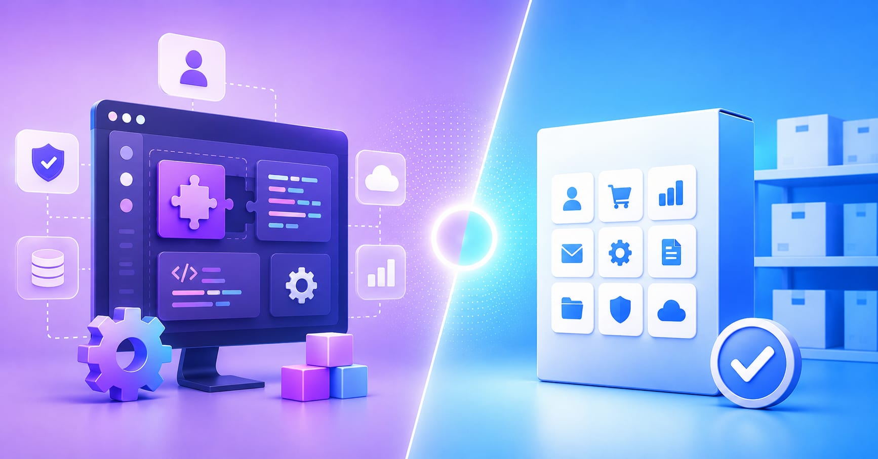 Side-by-side comparison of custom software and off-the-shelf solutions illustrating the build-or-buy decision framework