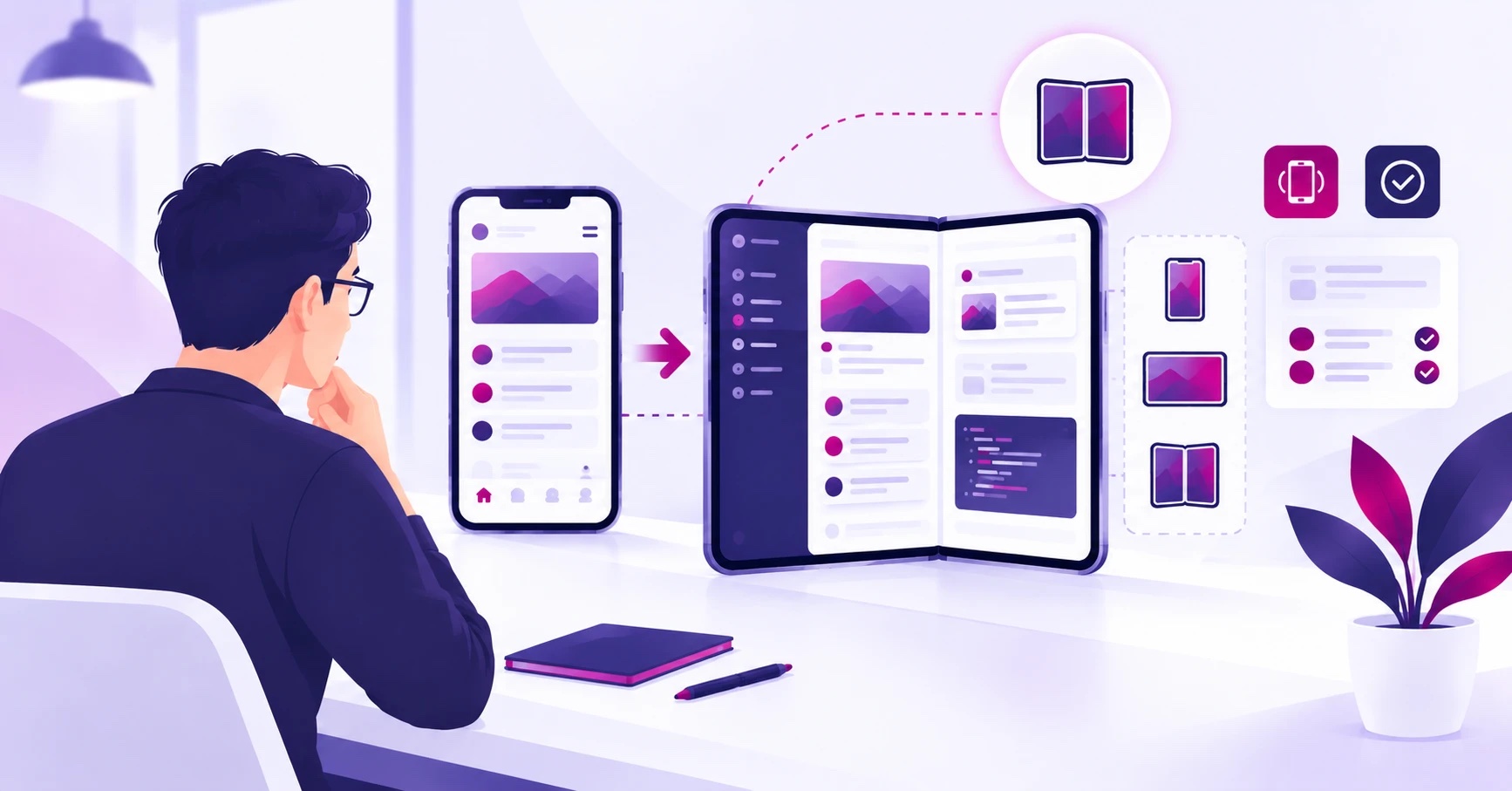 Developer reviewing an iPhone app layout expanding into a two-pane view on a foldable iPhone Duo, with phone, landscape, and unfolded screen states