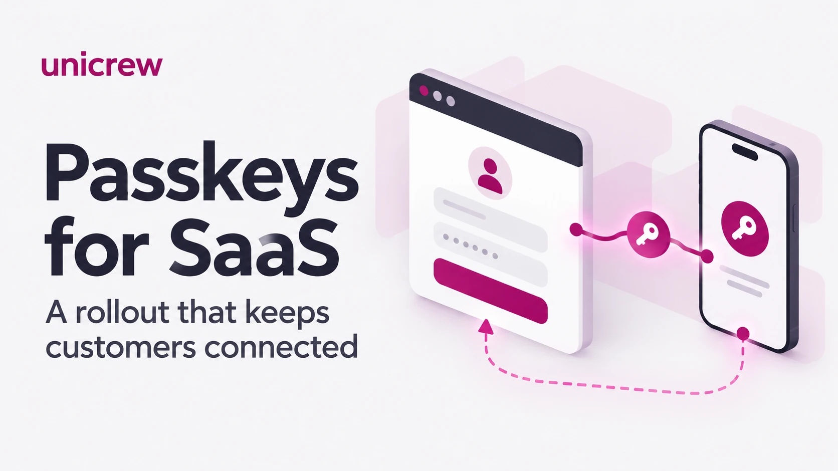 Illustration of a browser sign-in form connected to a smartphone by a glowing line with a key icon, a dashed arrow looping back from the phone to the sign-in button, beside the title Passkeys for SaaS: a rollout that keeps customers connected