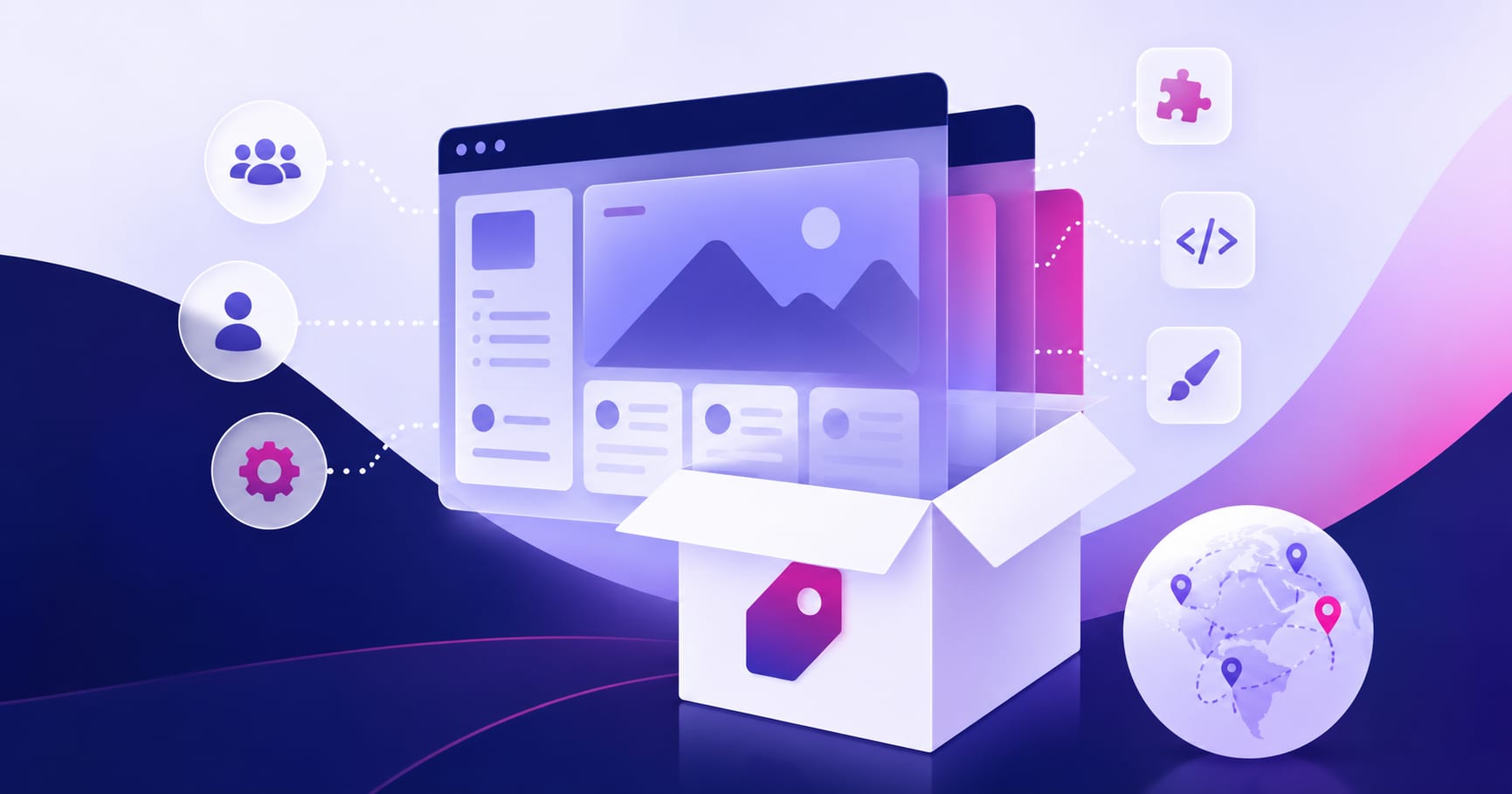 Illustration representing white label web development, showing an agency handing off a website build to a hidden engineering partner while keeping its own brand on the final product