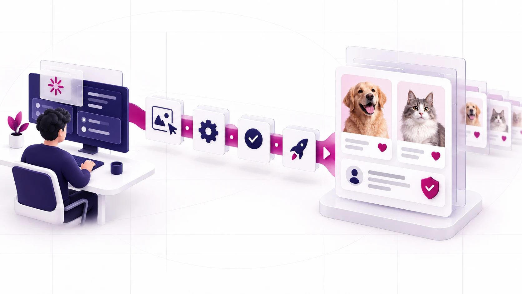 Illustration of the Forward Deployed Engineer model on Pet4Me: an engineer at a workstation, working with Claude, sends a feature through design, build, testing and release steps into Pet4Me's live listings, shown as adoption cards for a dog and a cat above a profile row marked with a shield.