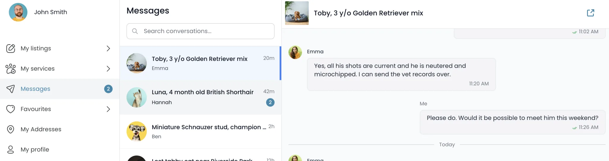 Pet4Me account area, showing demo data: a sidebar with My listings, My services, Messages with two unread, Favourites, My Addresses and My profile, next to the conversation list and an open thread about a golden retriever's vaccinations and vet records.
