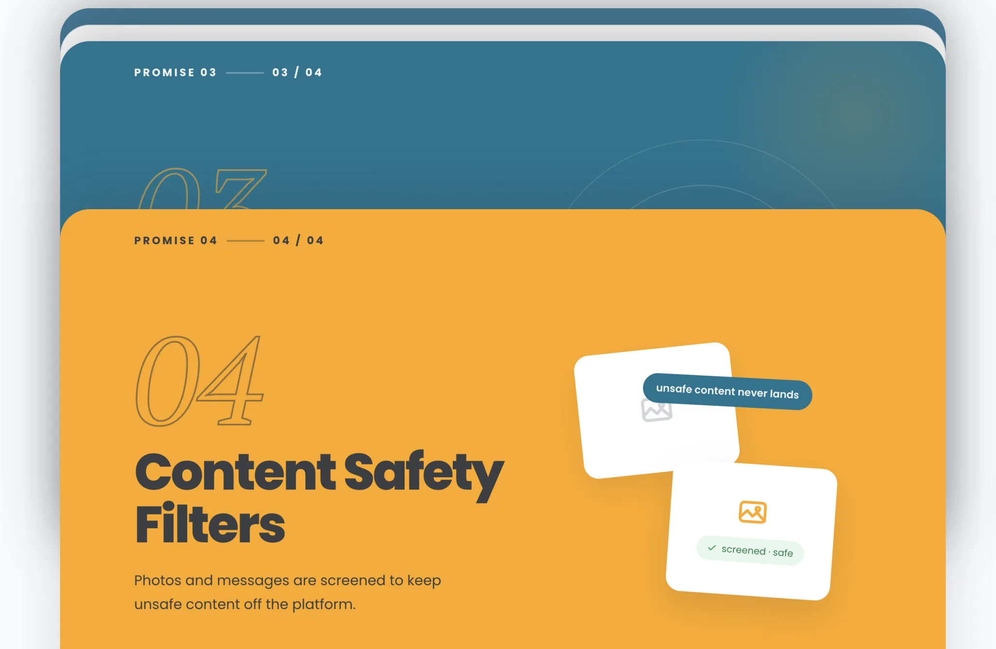 Pet4Me homepage promise card 04 of 04, Content Safety Filters, on an amber panel: photos and messages are screened to keep unsafe content off the platform, beside two image cards labelled unsafe content never lands and screened, safe.