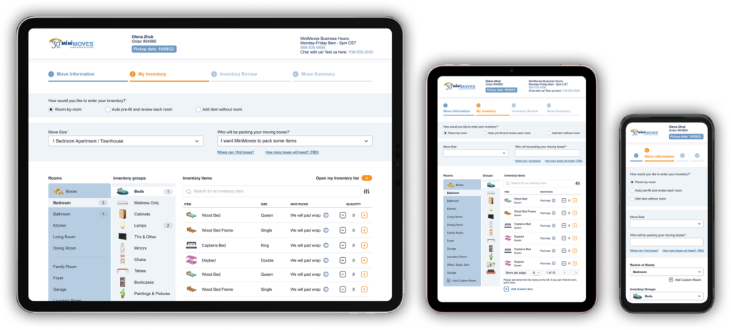 MiniMoves web app shown responsively across devices