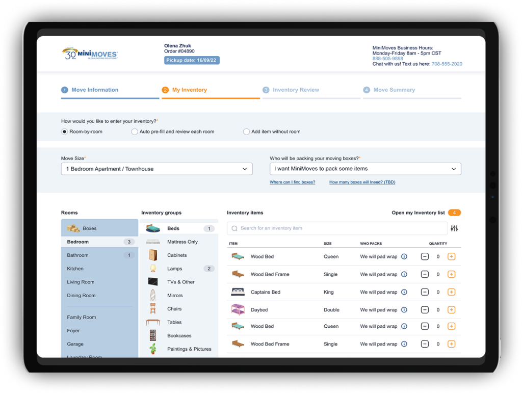 MiniMoves order management platform shown on an iPad