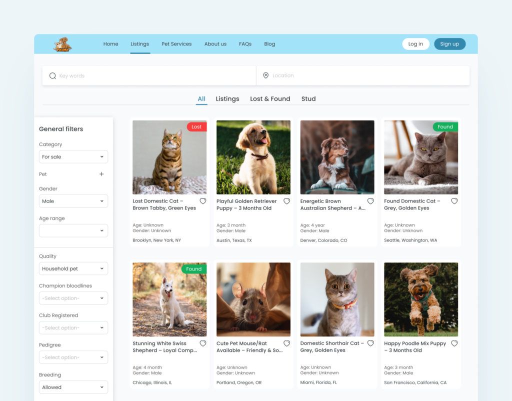 Pet4Me marketplace listing and browse experience