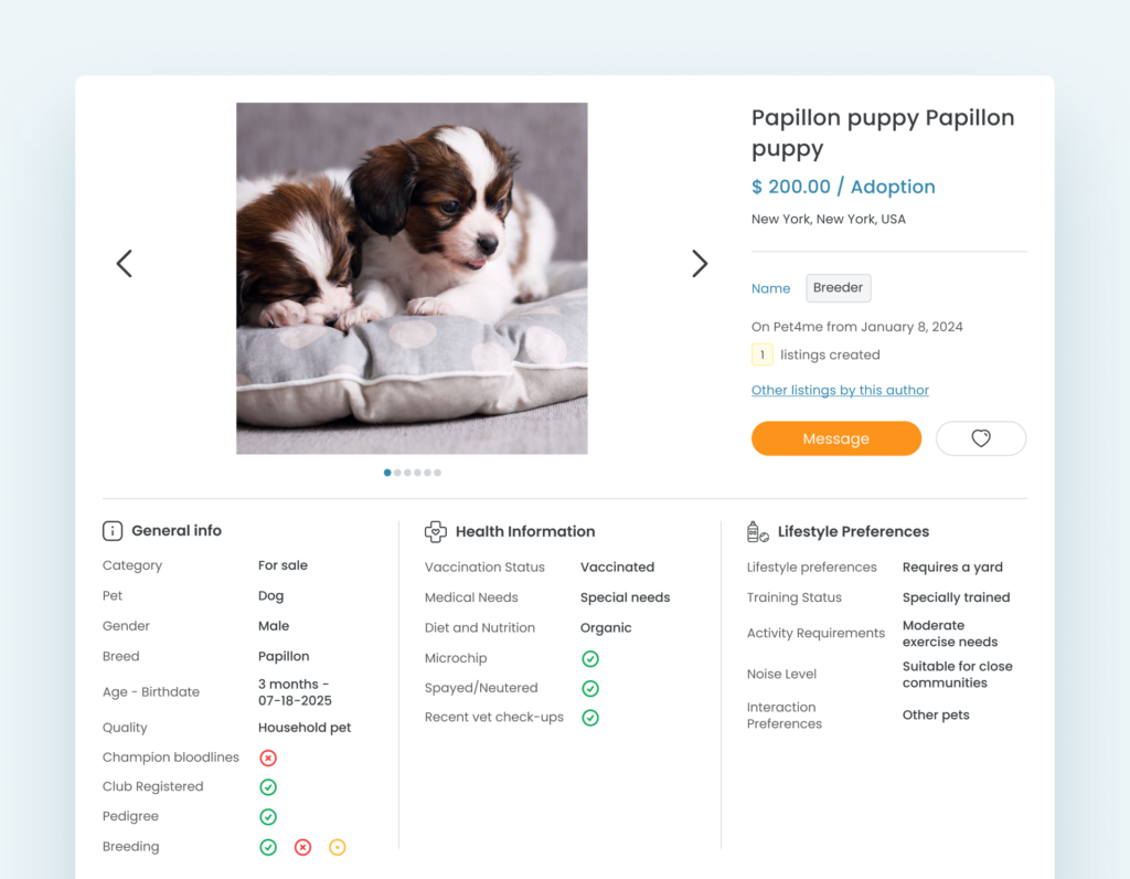 Pet4Me pet listing profile and details